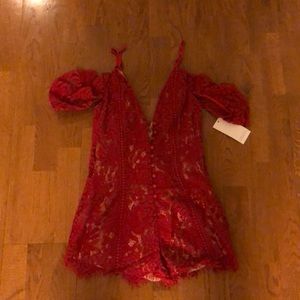 Red lace ruffle romper